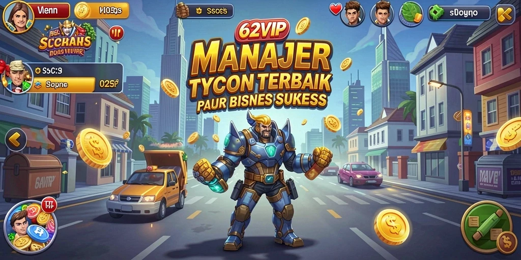 Tampilan gameplay 62VIP dengan manajemen bisnis yang seru.