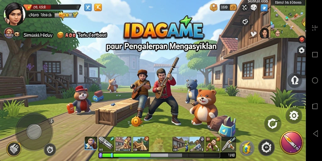 Screenshot gameplay IDAGAME menampilkan interaksi karakter di dunia simulasi.