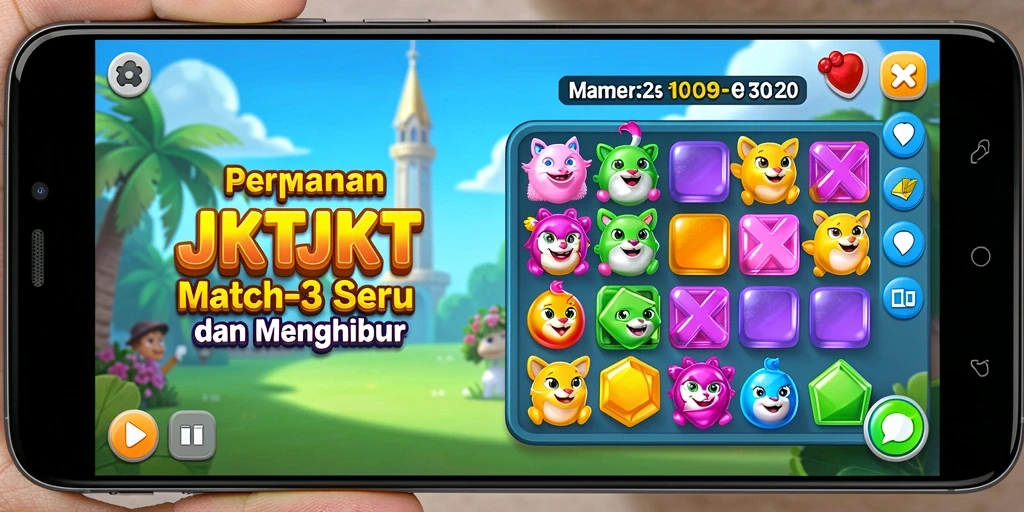 Screenshot utama JKTJKT yang menunjukkan gameplay Match-3 yang menyenangkan.