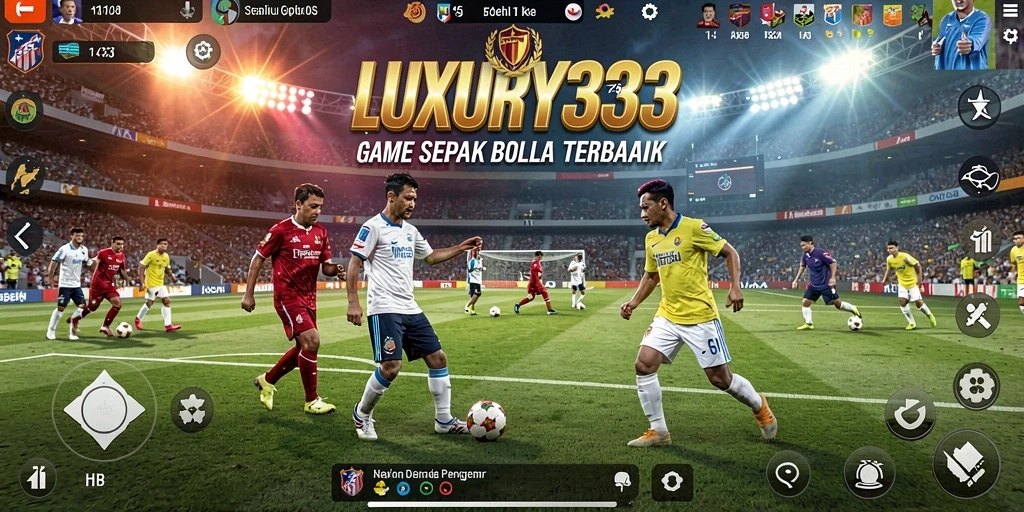 Screenshot gameplay LUXURY333 dengan aksi pertandingan sepak bola yang intens.