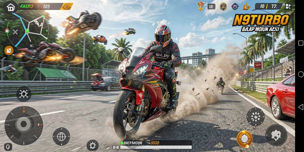 Tampilan gameplay seru N9TURBO dengan balapan motor.