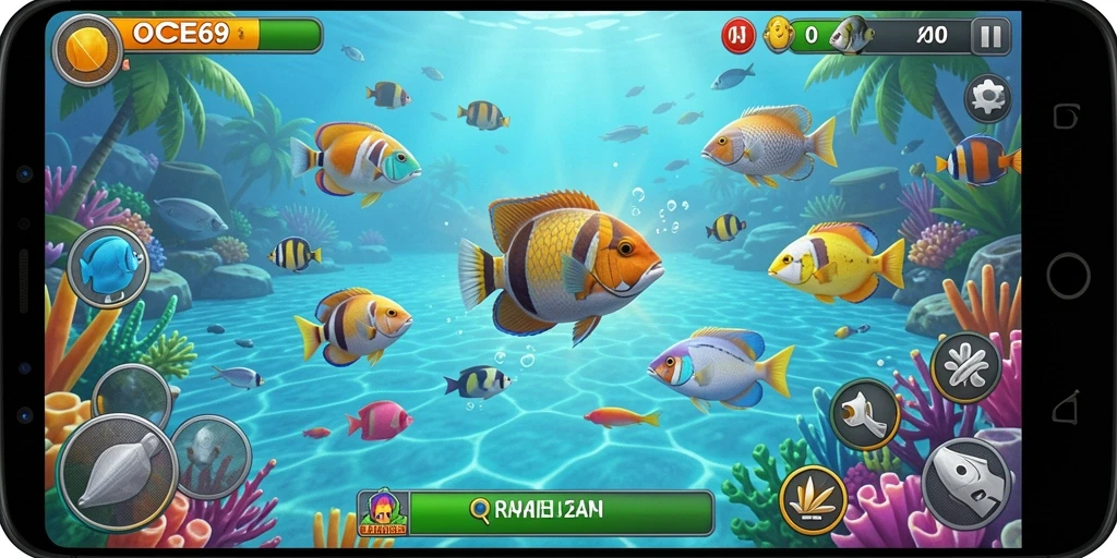 Screenshot gameplay OCE69 menampilkan aksi menembak ikan yang seru.