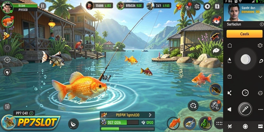 Screenshot PP7SLOT menampilkan aksi memancing yang mendebarkan di laut yang indah.