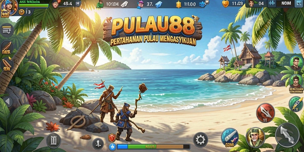 Screenshot gameplay PULAU88 menampilkan menara dan aksi pertahanan yang mendalam.