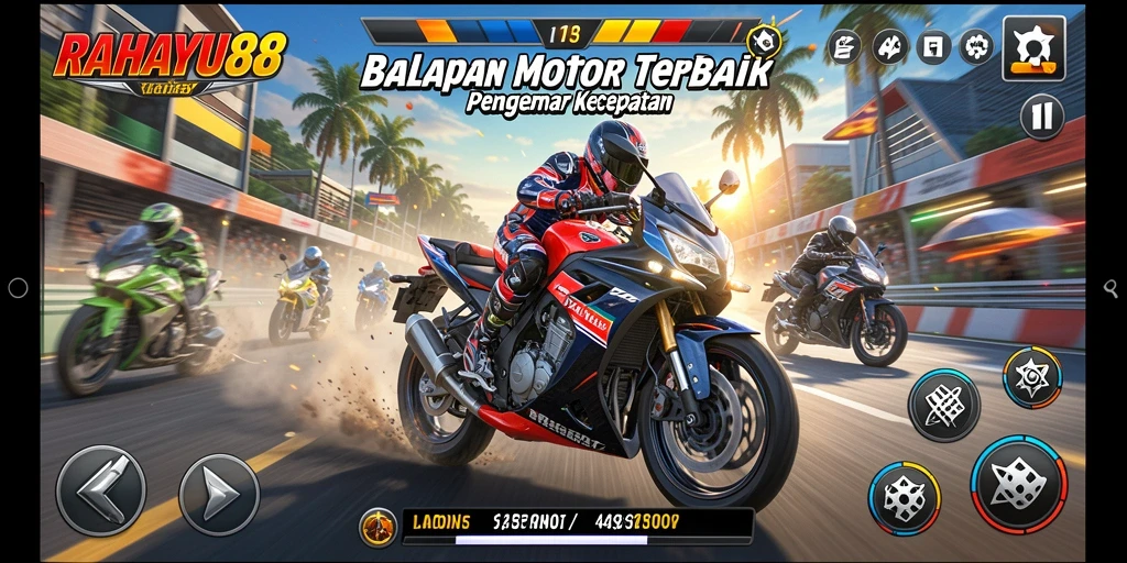 Gameplay RAHAYU88 menunjukkan aksi balapan motor yang mengesankan.