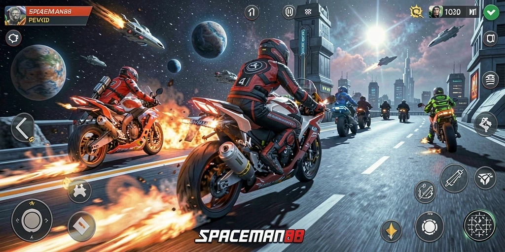 Gameplay balapan motor luar angkasa sangat mendebarkan.